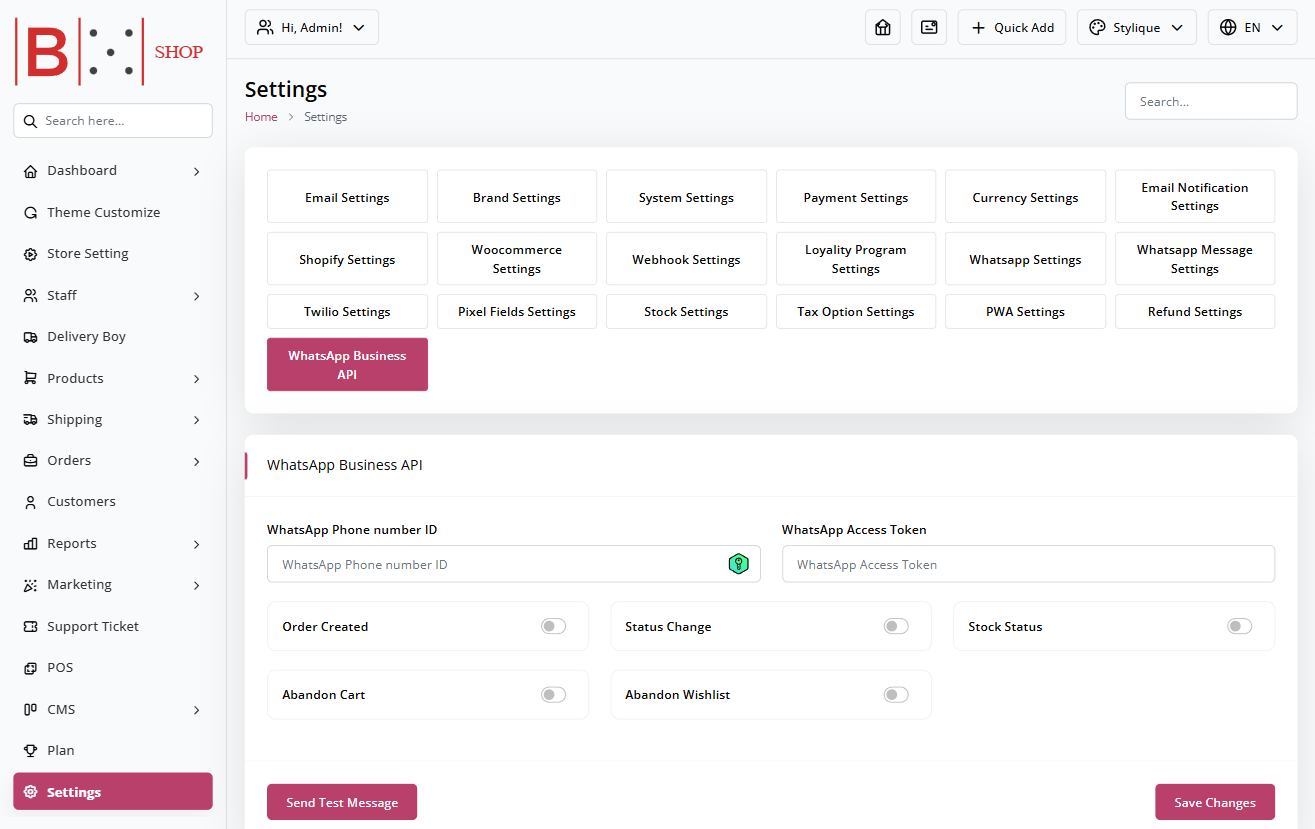 Store Settings Dashboard